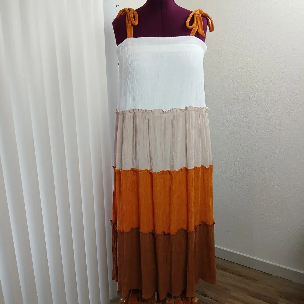 Blu Pepper Tiered Maxi Sundress S white tan orange brown colorblock lined - Picture 5 of 12